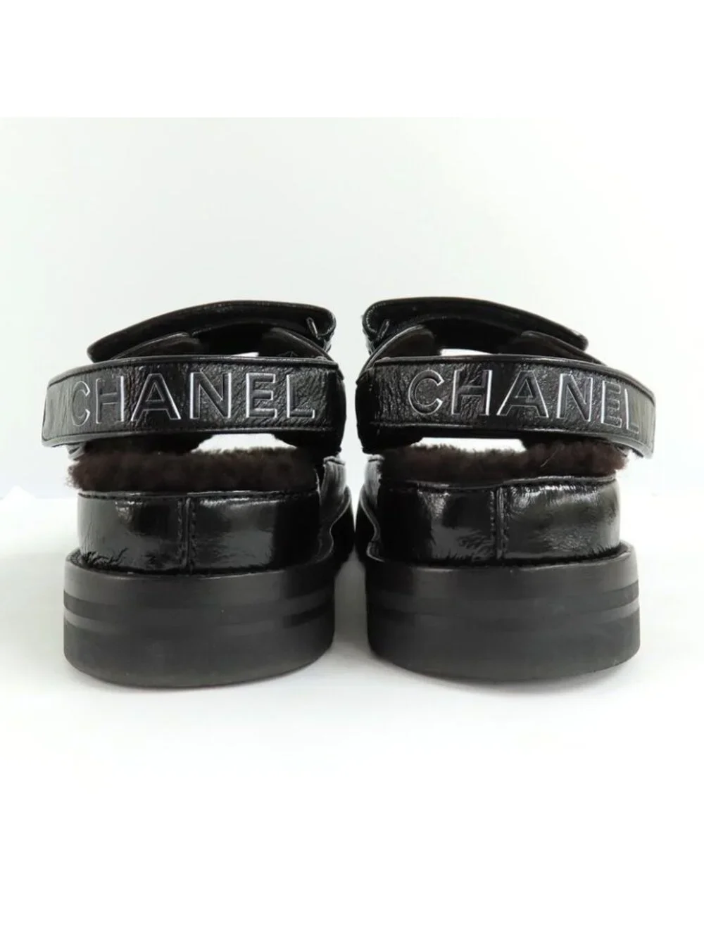 Chanel Sandals 23 K boa Rhinestone Coco Mark 38 Black Leather - Picture 4 of 10